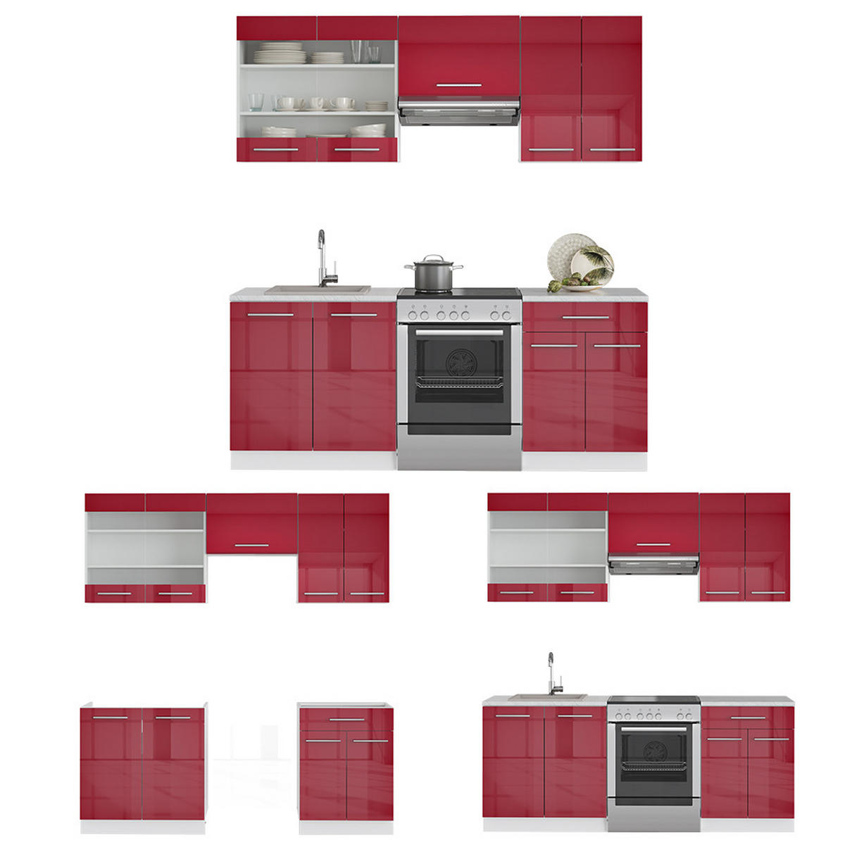 KÜCHENZEILE Fame-Line Bordeaux Hochglanz 200 cm ohne AP - Bordeaux/Weiß, Holzwerkstoff (200/81.6/46cm) - Vicco