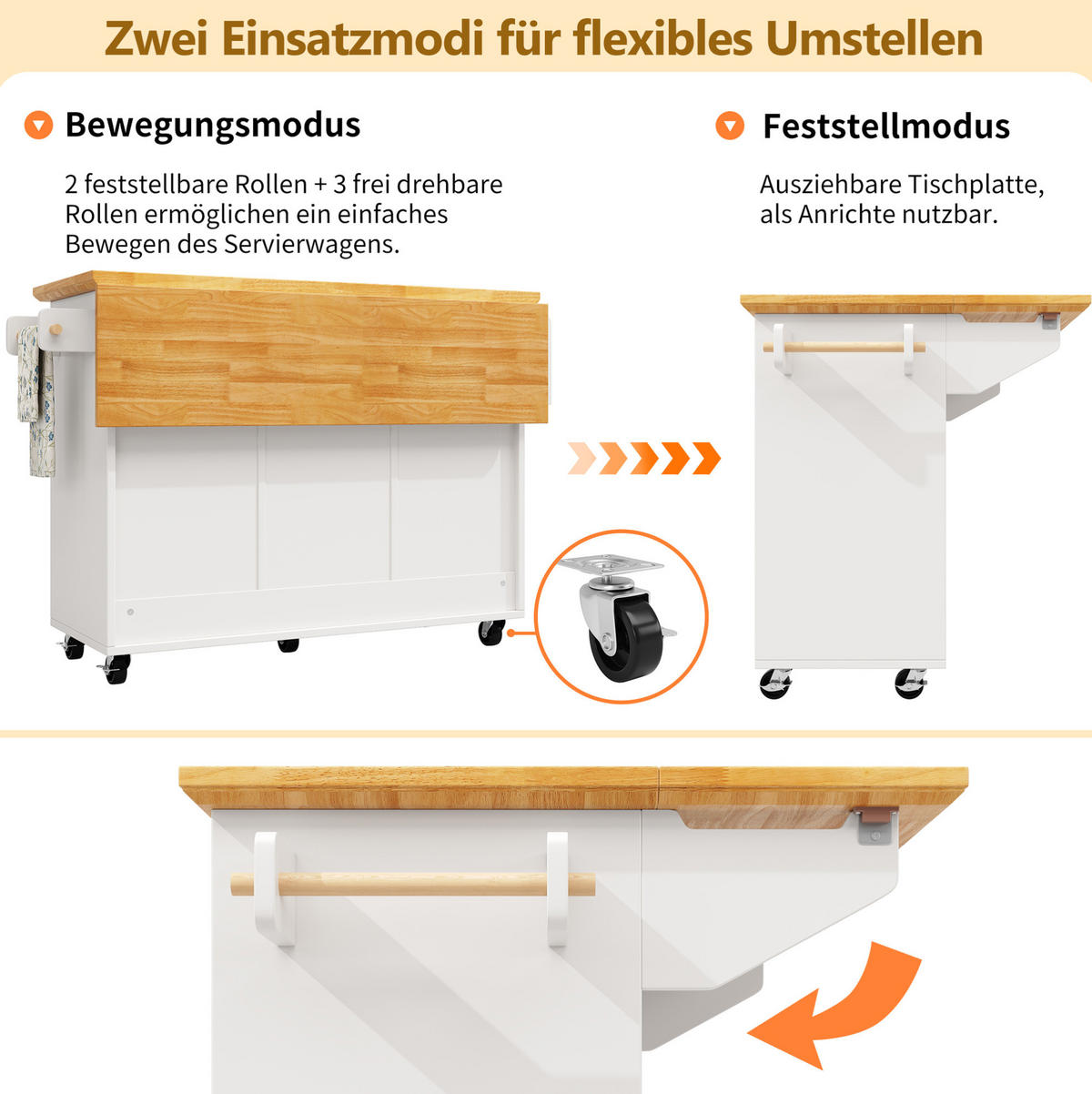 KÜCHENINSEL klappbar 120 x 73 x 92,5 cm Weiß MDF/Metall - Weiß, Metall (45/93/120cm) - Beauniv