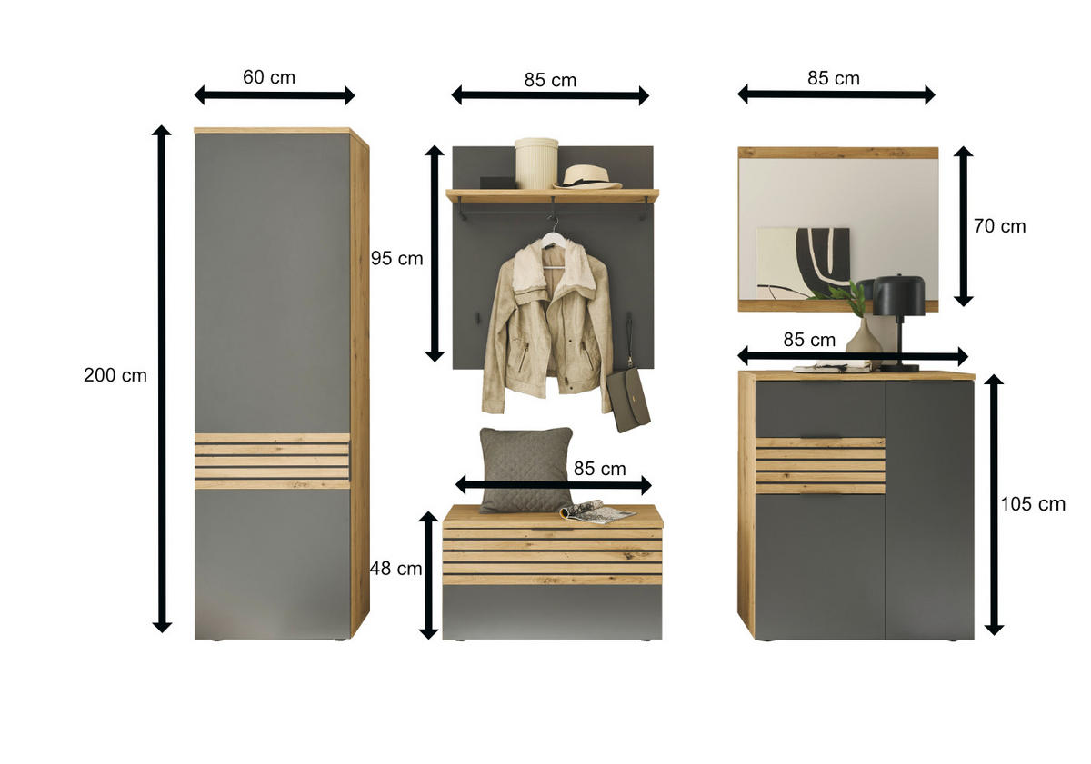 GARDEROBE 5-teilig in 290/200/38 cm - Grau, Holz (290/200/38cm) - moebel dich auf