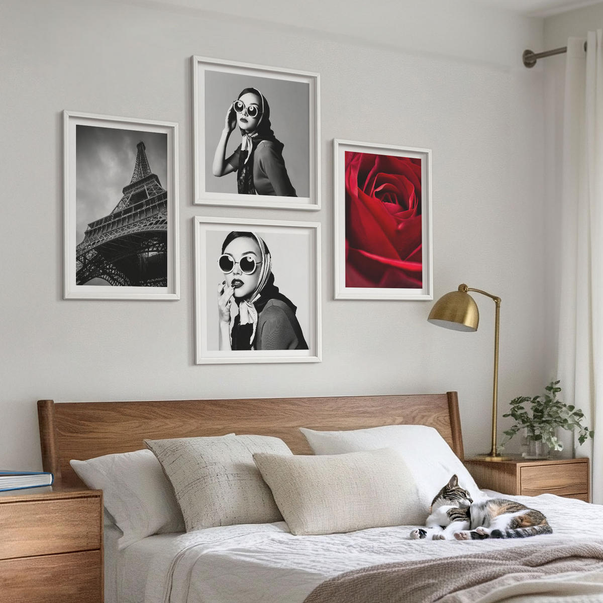 BILDER SET 4er Set - 50x50 cm & 40x60 cm Weißer Rahmen - Pariserin mit Eiffelturmbrille - Weiß, Kunststoff (50/50cm) - TULUP