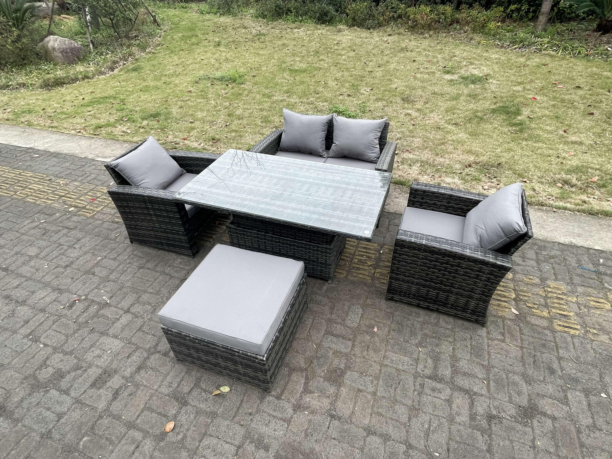 GARTENSET Polyrattan 5-Sitzer - Dunkelgrau, Metall - Fimous