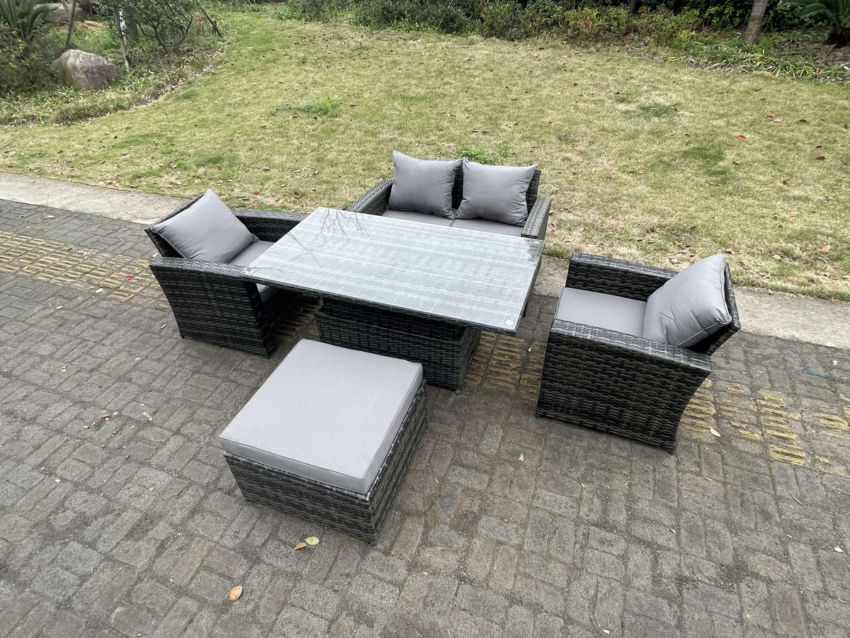 GARTENMÖBEL-SET HÖHENVERSTELLBARER ESSTISCH SESSEL SOFA MIT HOCKER Polyrattan Dunkelgrau Gemischt 5-Sitzer - Dunkelgrau, Metall - Fimous