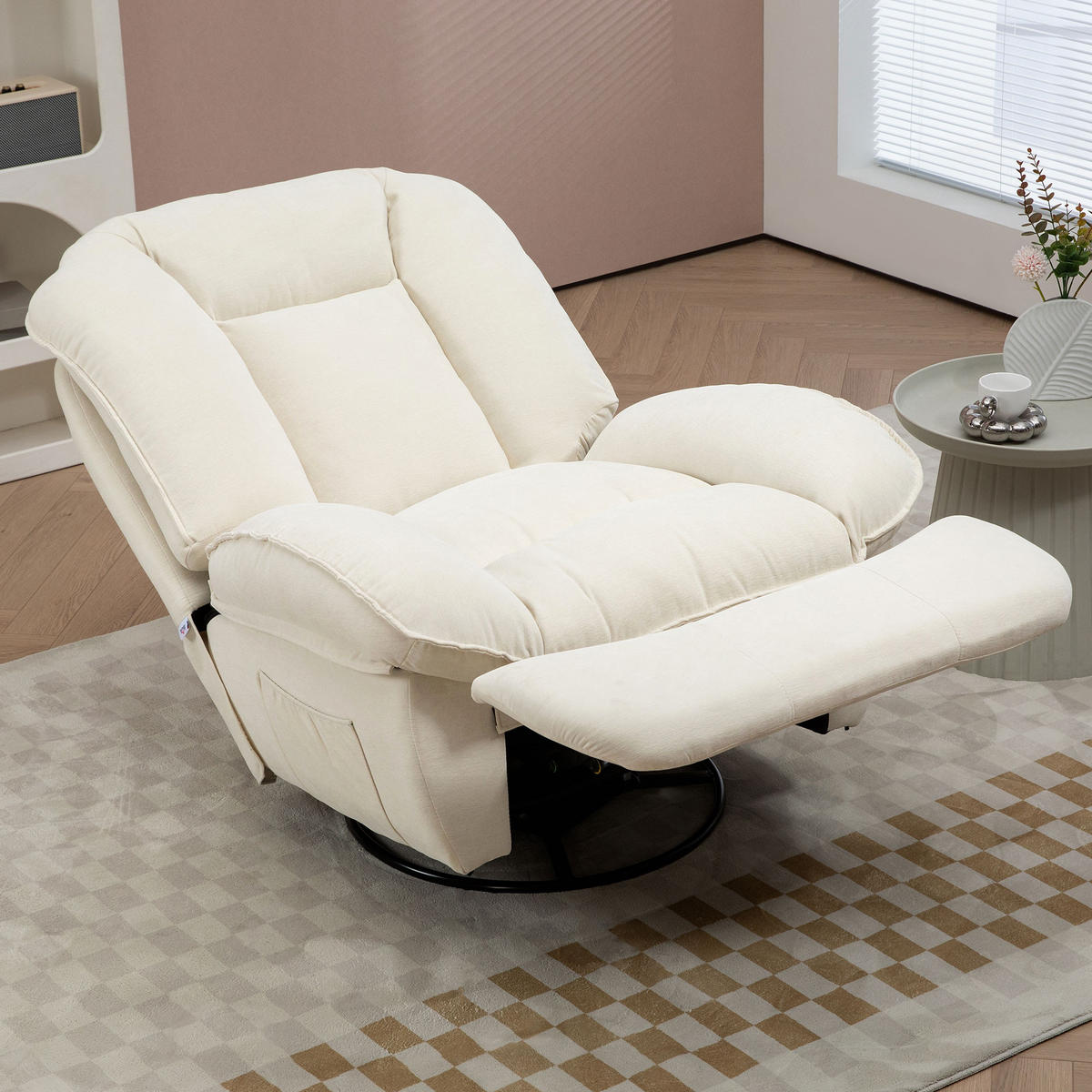 RELAXSESSEL Fernsehsessel mit Liegefunktion, Schaukelfunktion für Wohnzimmer - Creme/Schwarz, Textil/Metall (100/102/104cm) - HOMCOM