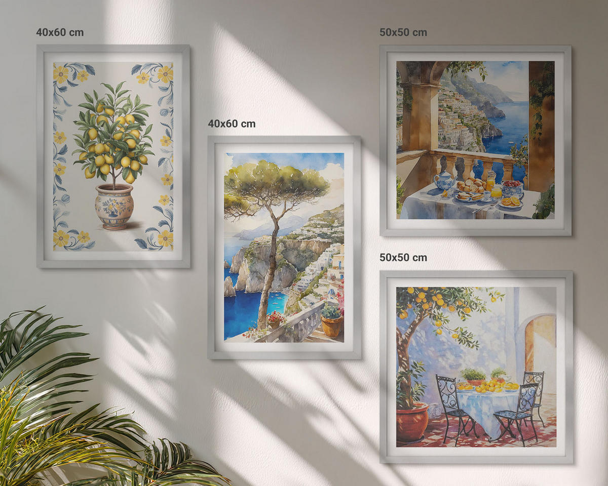 BILDER SET 4er Set - 50x50 cm & 40x60 cm Silberner Rahmen - Gemälde von Zitronenbäumen - Silberfarben, Kunststoff (50/50cm) - TULUP