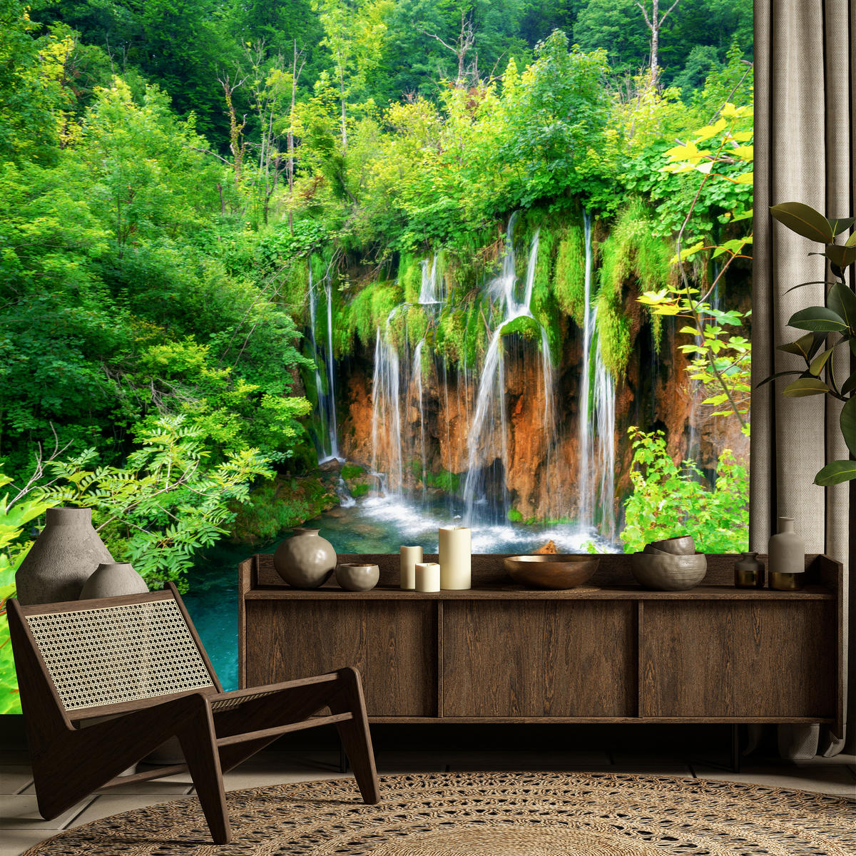 FOTOTAPETE für Esszimmer Exotischer Wasserfall Dschungelwald 350x256 - Türkis/Braun, Papier (350/256cm) - Muralo