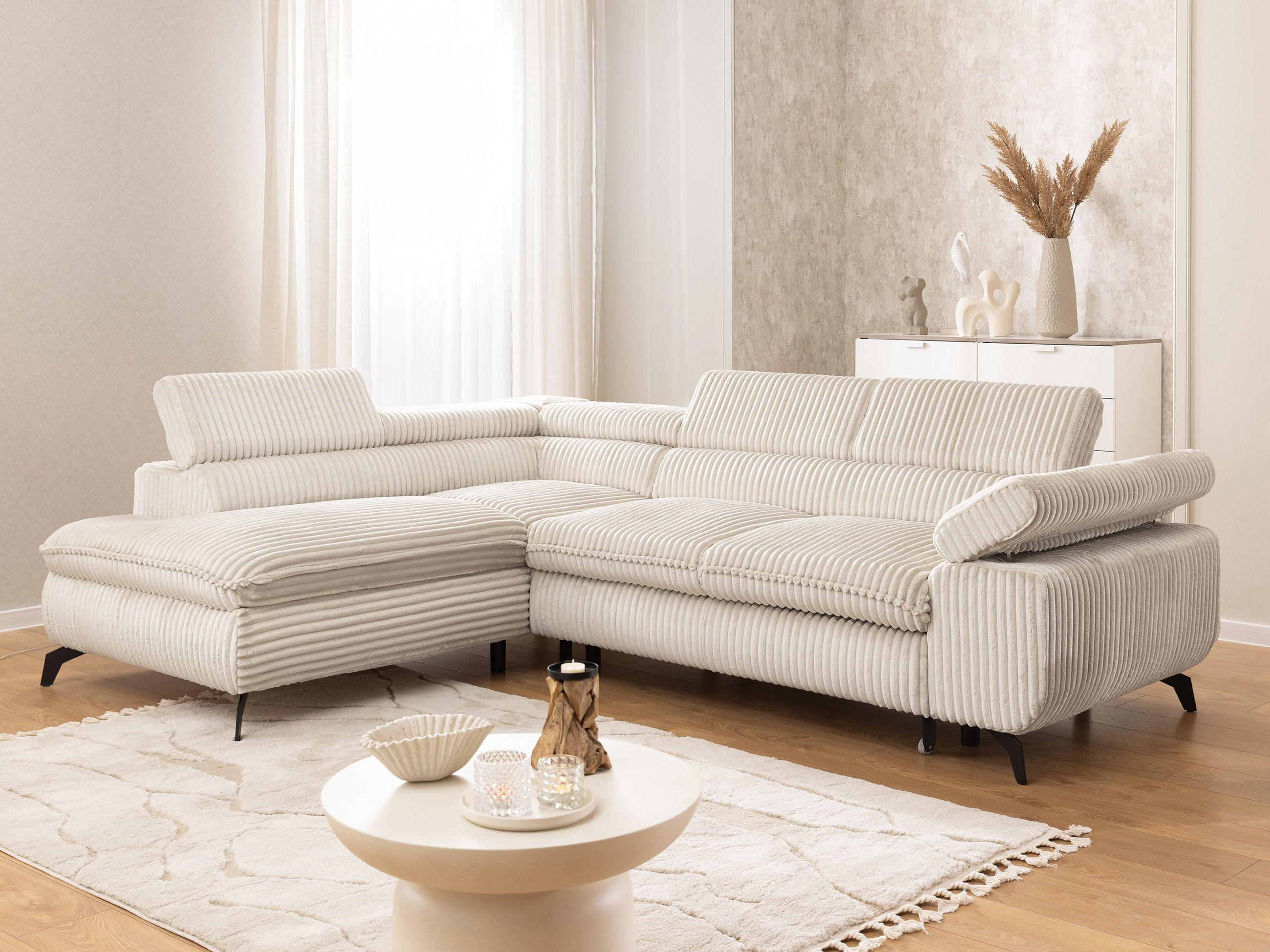 ECKSOFA mit Schlaffunktion und Bettkasten Bonnie aus Creme Cord-Stoff mit verstellbaren Kopfstützen und Armlehne - Ottomane links - Creme/Schwarz, Holz/Textil (275/210cm) - S-Style Möbel