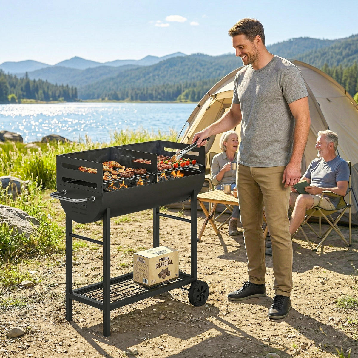 HOLZKOHLEGRILL DE-10293 2 Grillzonen höhenverstellbar Schwarz - Schwarz, Metall (46.5/100/103cm) - ComfortXL