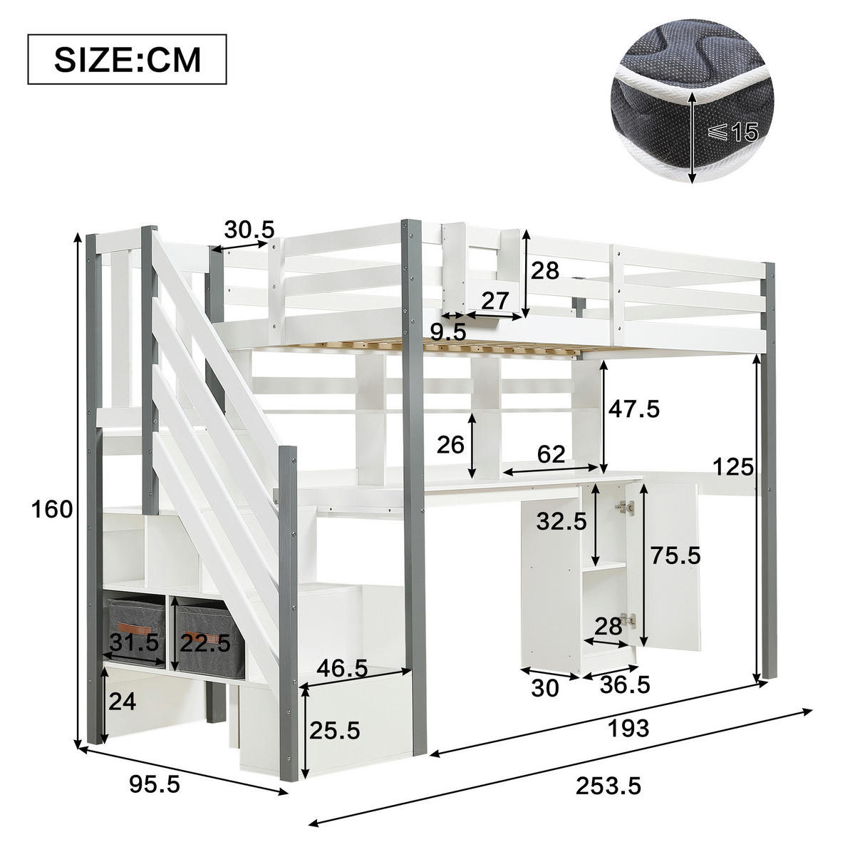 HOCHBETT 90/200 cm weiß aus Massivholz mit Schreibtisch und Stauraumtreppe - Weiß, Holz (90/200cm) - OKWISH