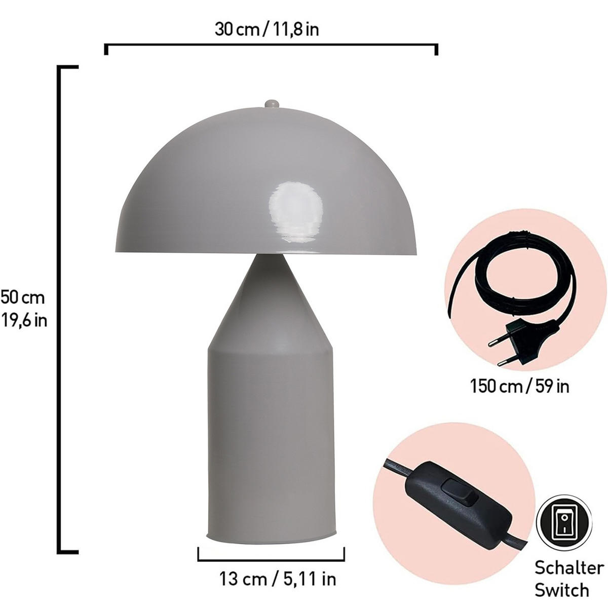 TISCHLEUCHTE Pilzlampen 50/30 - Grau, Metall (50/30/50cm) - Bamyum