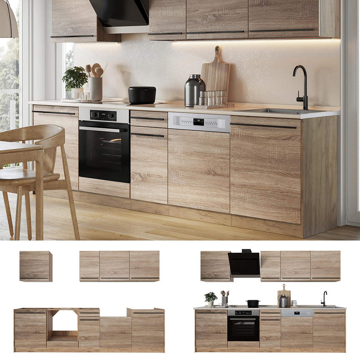 KÜCHENZEILE R-Line, Sonoma/Goldkraft Eiche, 280 cm Arbeitsplatte Anthrazit - Honigeiche/Sonoma Eiche, Holzwerkstoff (280/206.8/60cm) - Vicco