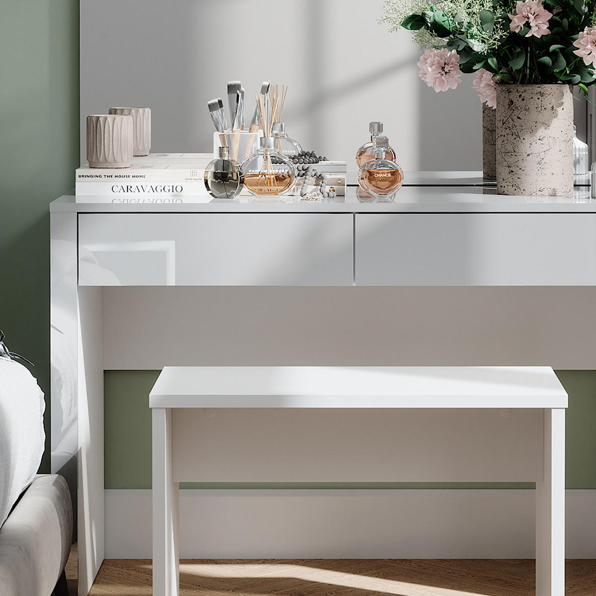 SCHMINKTISCH Annabelle Weiß Hochglanz/Weiß 110 cm mit Spiegel und Bank - Weiß Hochglanz/Weiß, Holzwerkstoff (110/75.5/50cm) - Vicco