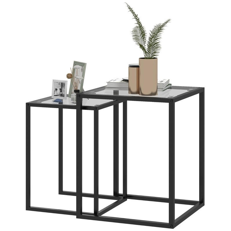 BEISTELLTISCH 42/51/42 cm und 33/45,5/33 cm Schwarz aus gehärtetem Glas und Stahl stapelbar 2er Set - Schwarz, Glas (42/42/51cm) - OKMYHOME