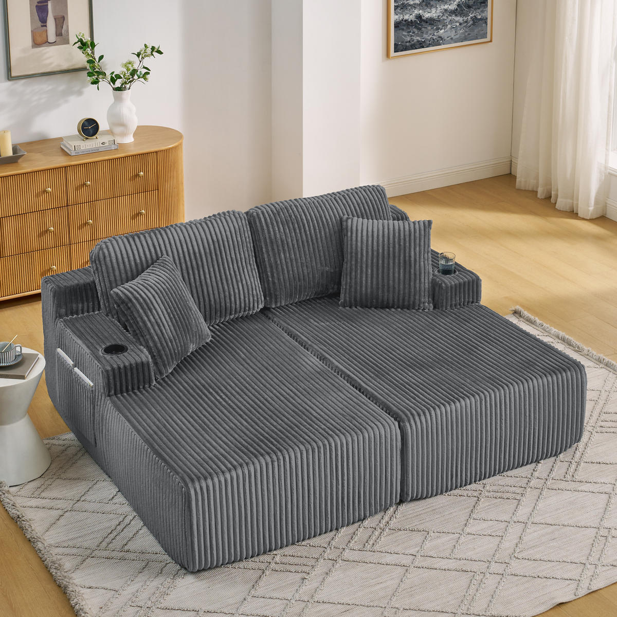 SCHLAFSOFA 186/154/78 cm Grau Cord mit seitlicher Magazintasche und Getränkehalter - Grau, Textil (186/78/154cm) - Oxeza