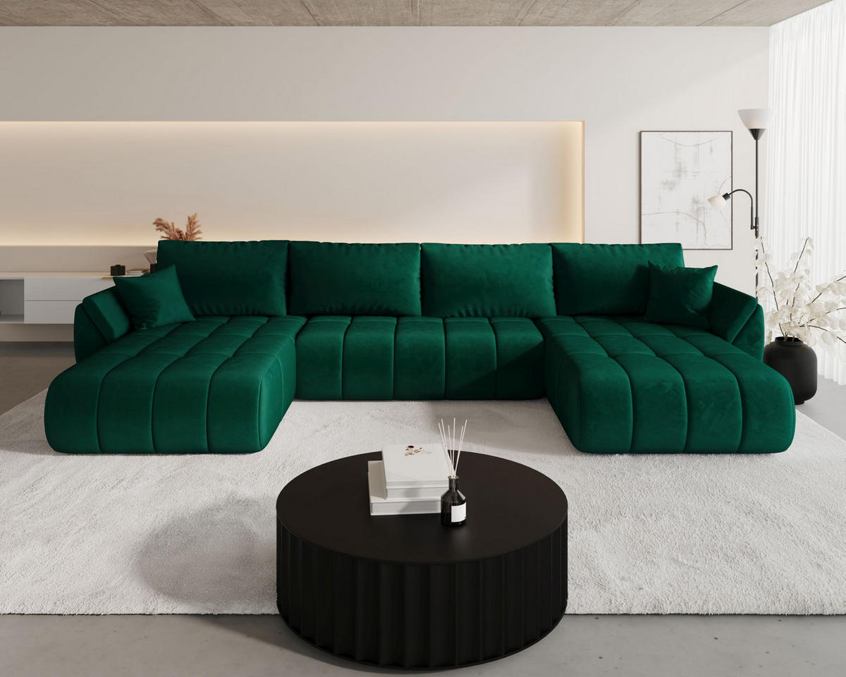 WOHNLANDSCHAFT SYDNEY PREMIUM U-Form grün Velours Monolith 37 - Schlaffunktion, Bettkasten - Grün, Textil (385/85/175cm) - Cornero