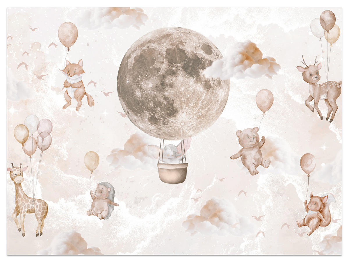 FOTOTAPETE für Kinderzimmer Mond Ballons Bär Rehkitz Giraffe Wolken 200x140 - Beige/Rosa, Papier (200/140cm) - Muralo