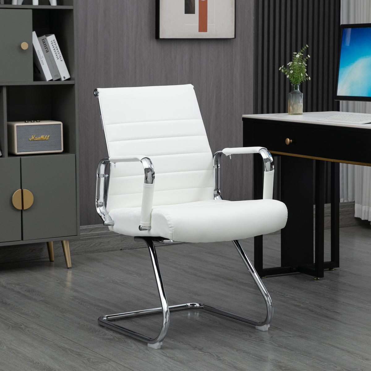 BESUCHERSTUHL OFFICE COMFORT 2er Set LB Kunstleder Weiß - Silberfarben/Weiß, Textil/Metall (56/94/64cm) - SVITA