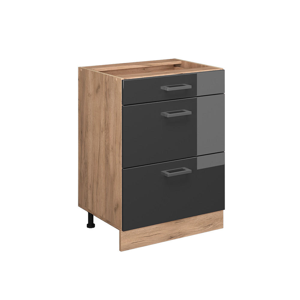 KÜCHENUNTERSCHRANK R-Line Anthrazit Hochglanz 60 cm mit Schubladen ohne AP - Anthrazit/Eiche Wotan, Holzwerkstoff (60/81.6/46cm) - Vicco