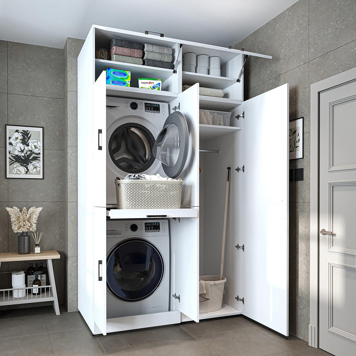 WASCHMASCHINENSCHRANK DORA-I 130cm Breit, 230cm Hoch - Weiß, Holzwerkstoff (130/230/73.8cm)