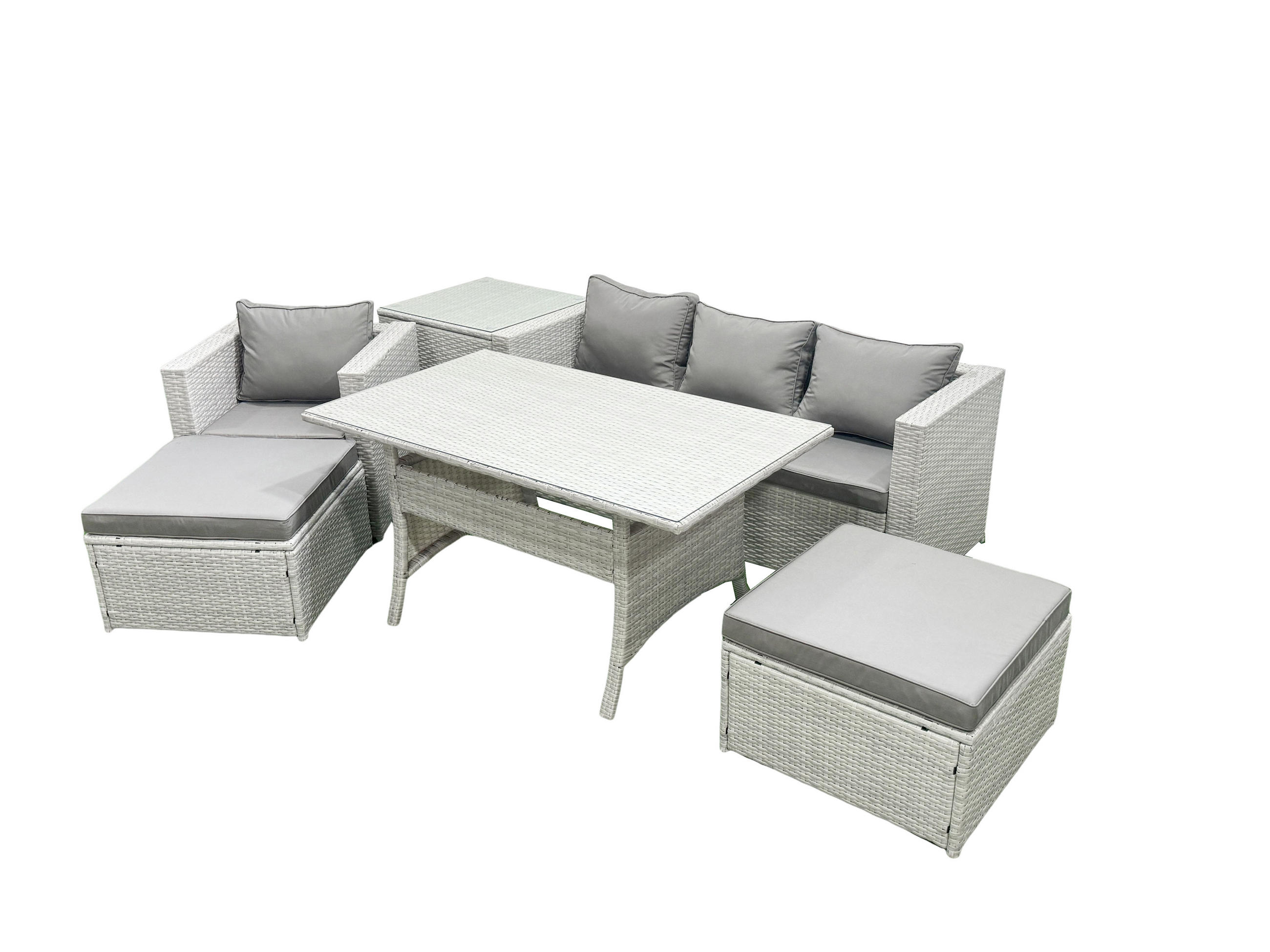 GARTENSET mit Esstisch,Sofa,2 Großer Hocker,Stuhl, Beistelltisch Polyrattan Hellgrau 6-Sitzer - Hellgrau/Grau, Glas/Kunststoff - Fimous