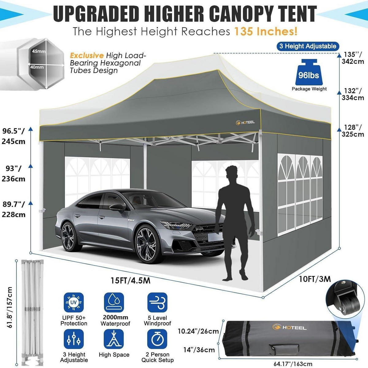 FALTPAVILLON 3x4,5m Grau Wasserdicht mit 4 Seitenteilen - Grau, Textil (300/343/450cm)