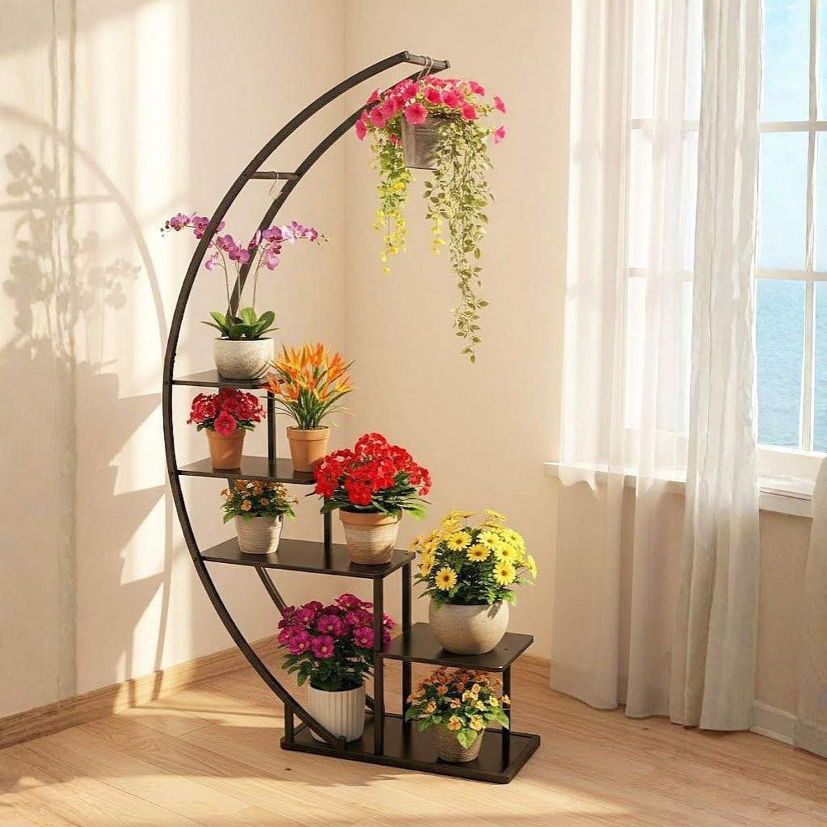 DANDIBO Blumenregal indoor 170 cm Hoch Metall Schwarz Halbrund 96585 Blumentreppe Groß Rund Pflanzenständer Modern Design - Schwarz, Metall (95/170/30cm) - DanDiBo