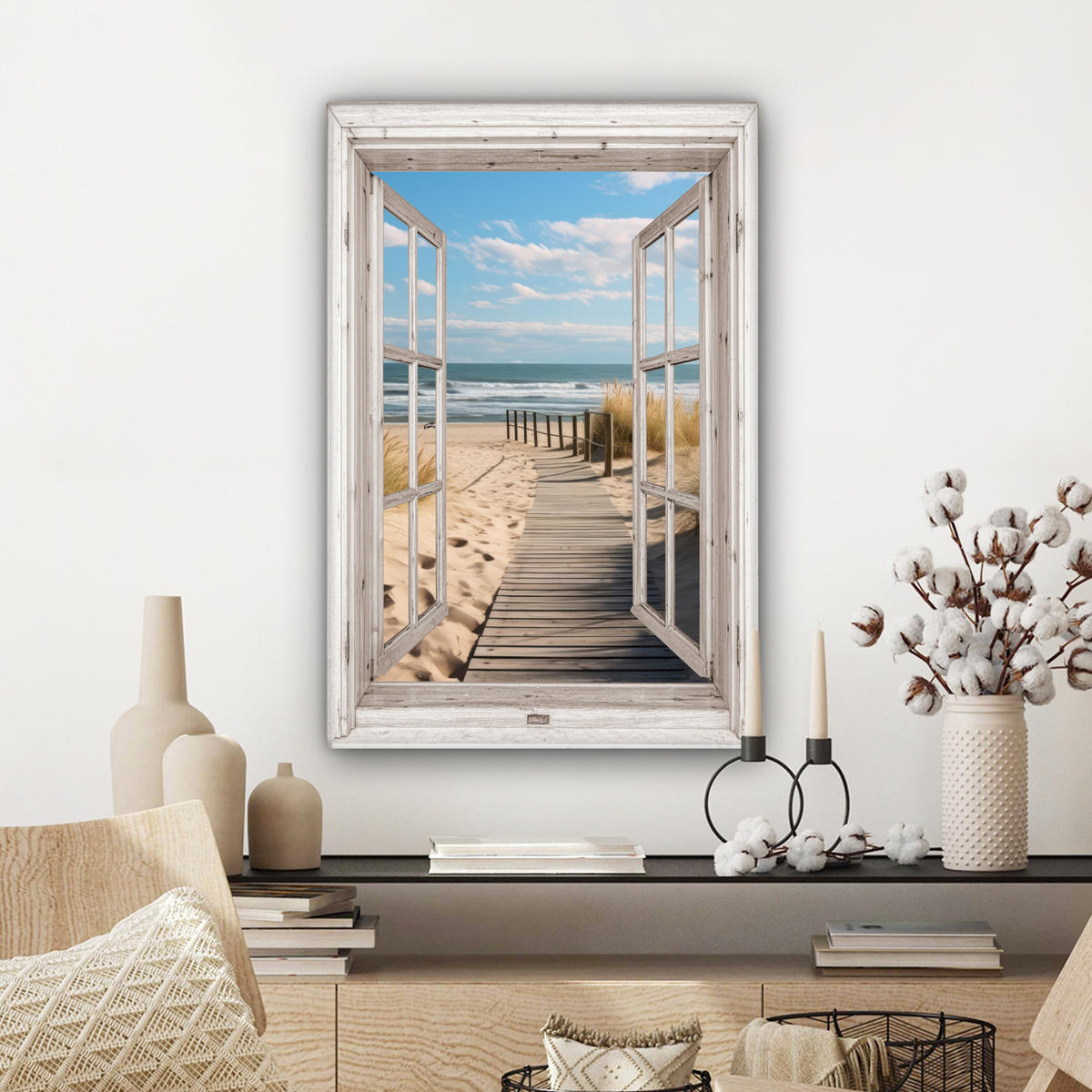 LEINWANDBILD Fenster - Meer - Küste - Natur - Ausblick - Strand - Wattenmeer Wanddeko 40x60 cm - Beige, Textil (40/60cm) - MuchoWow