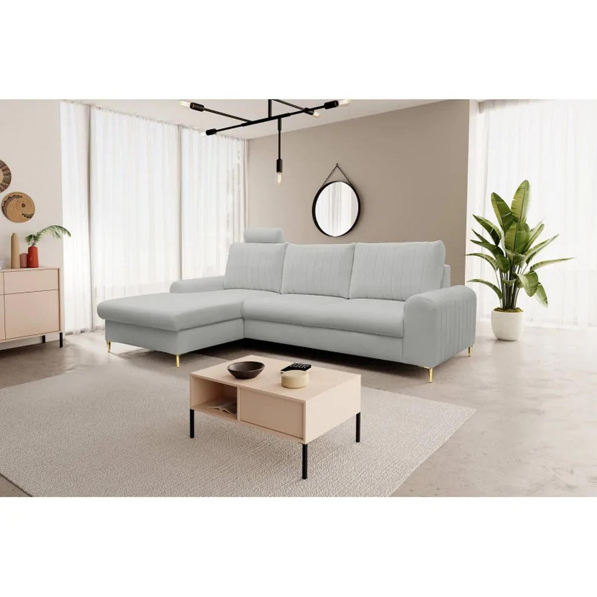 ECKSOFA MANGO, Eckcouch in L-Form mit Schlaffunktion und Bettkasten, Farbe: Grau, Velourstoff, Ottomane Links - Grau, Textil (251/164cm) - Sepro Meble