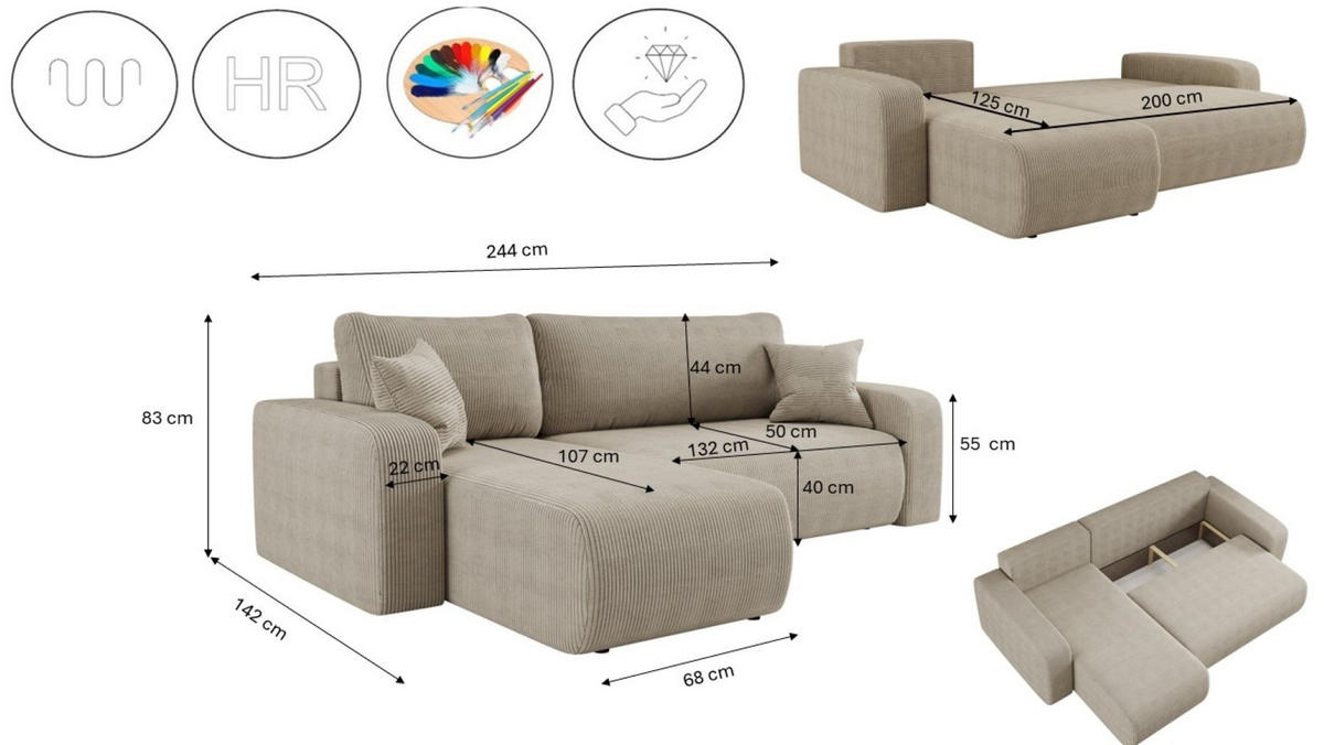 ECKSOFA L-FORM Schlaffunktion Und Bettkasten Eckcouch MILANO L Stoff Dicker Cord Dunkelbeige Links - Cappuccino, Holz/Textil (142/244cm) - Kaiser Möbel