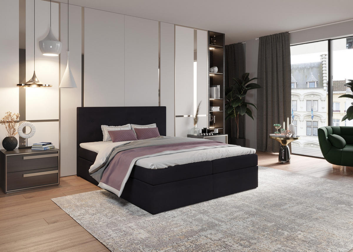 BOXBETT Dublin Schwarz 200x200 cm Bettkasten + Topper - Schwarz, Holz/Textil (200/200cm) - Comfortic