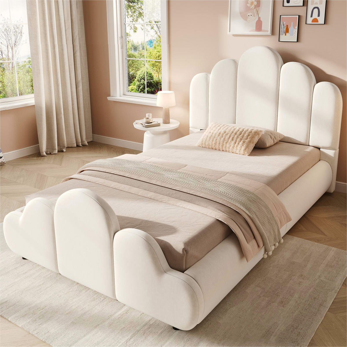 POLSTERBETT 90/200 cm in Beige mit Lattenrost, rundum abgerundeten Kanten und Wolken-Design aus Samt - Beige/Schwarz, Holzwerkstoff/Textil (90/200cm) - STILVORA