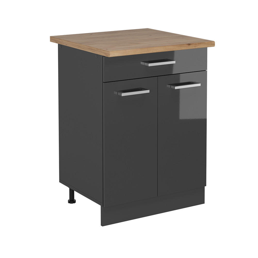 KÜCHENUNTERSCHRANK R-Line Anthrazit Hochglanz 60 cm , AP Eiche - Schwarz Hochglanz/Anthrazit, Holzwerkstoff (60/81.6/60cm) - Vicco