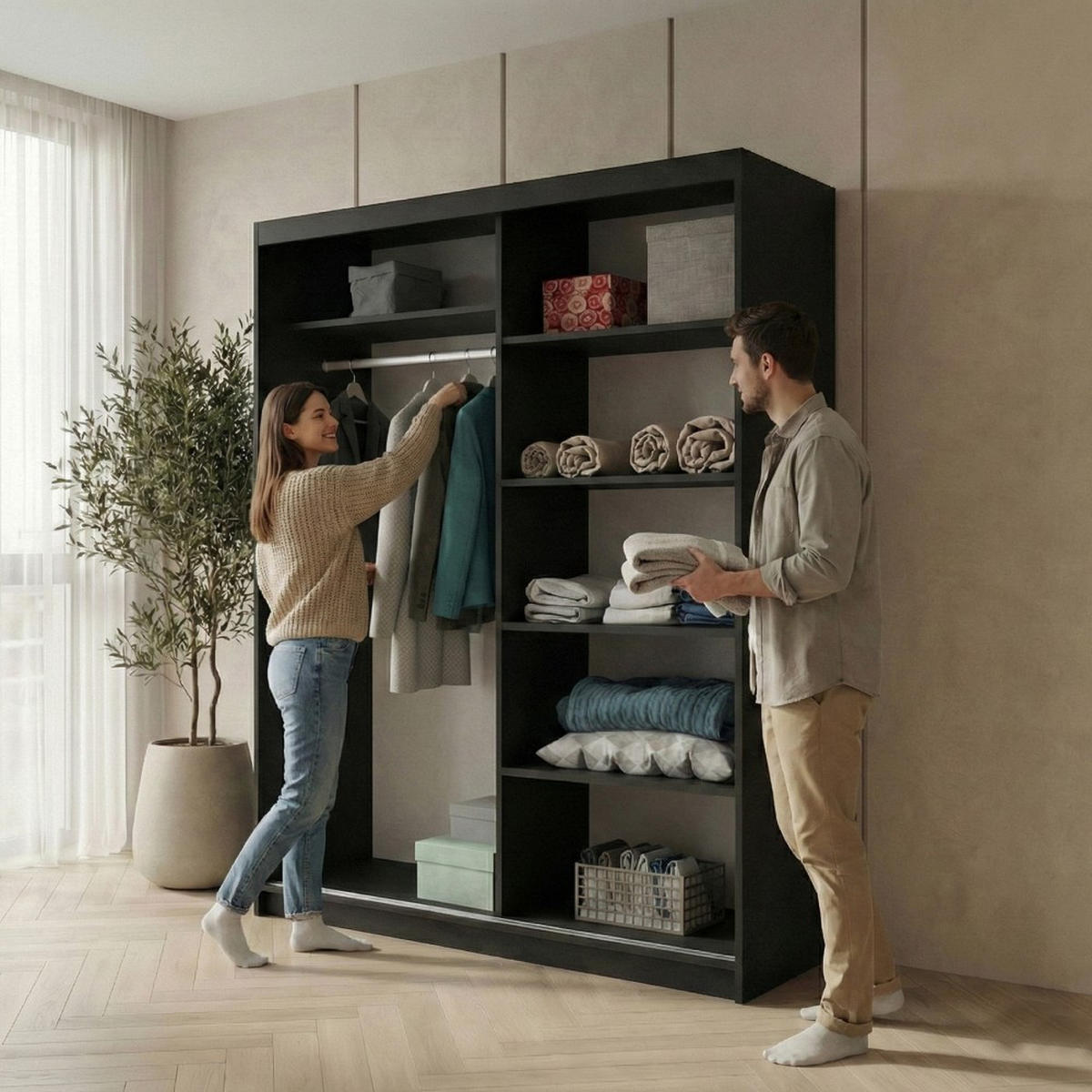 SCHWEBETÜRENSCHRANK Hela 160/205/60 2-türig schwarz mit Spiegel - Schwarz, Holzwerkstoff (160/205/60cm) - Beautysofa