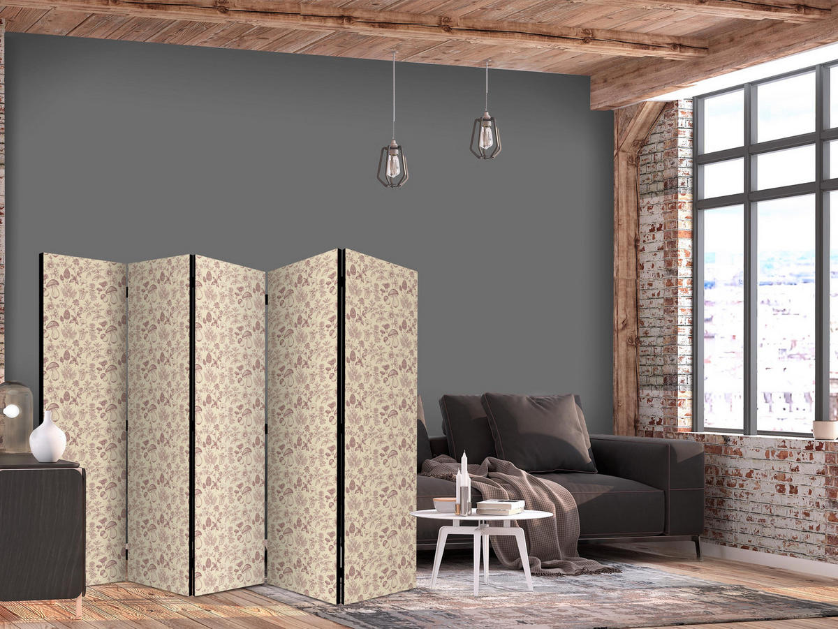PARAVÁN Akustický 5-dielny 225x172 cm Boho Kvety a Huby - hnedá, drevo/textil (225/172/3cm) - Muralo