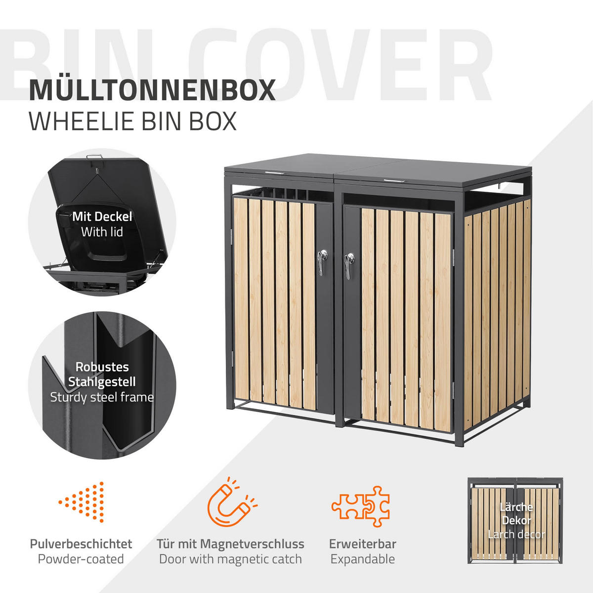 MÜLLTONNENBOX 2er Anthrazit-Lärchenoptik - Naturfarben, Metall (132/120/80cm) - ML-DESIGN