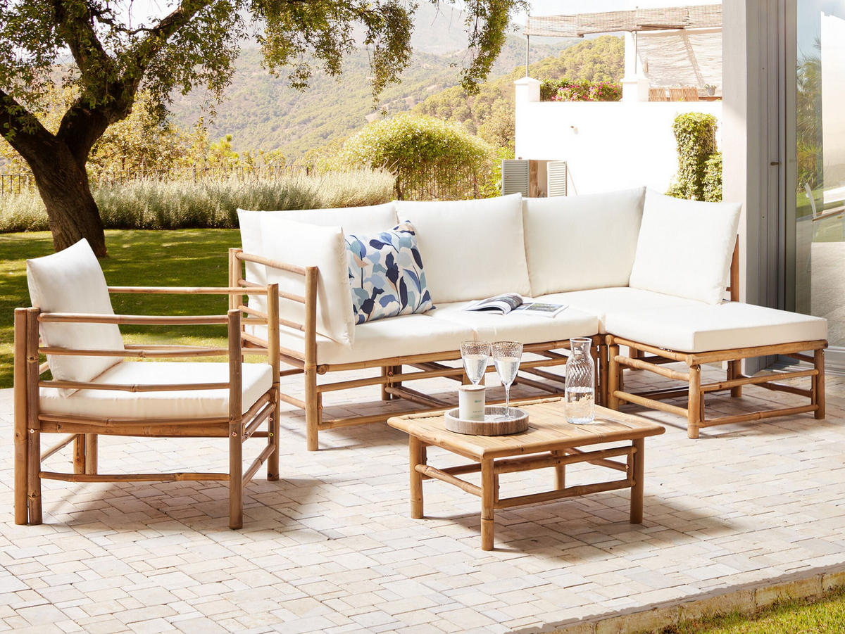 LOUNGE SET 5-Sitzer Bambusholz hellbraun 4-teilig Auflagen cremeweiß Cerreto - Creme, Holz - Beliani