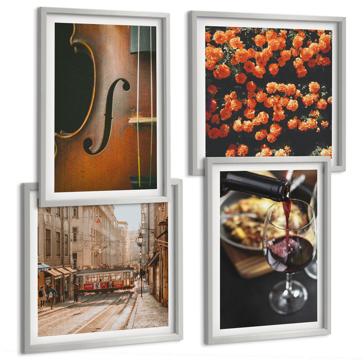BILDER SET 4er Set - 50x50 cm & 40x60 cm Silberner Rahmen - Vintage Blumen Straße Wein Geige - Silberfarben, Kunststoff (50/50cm) - TULUP