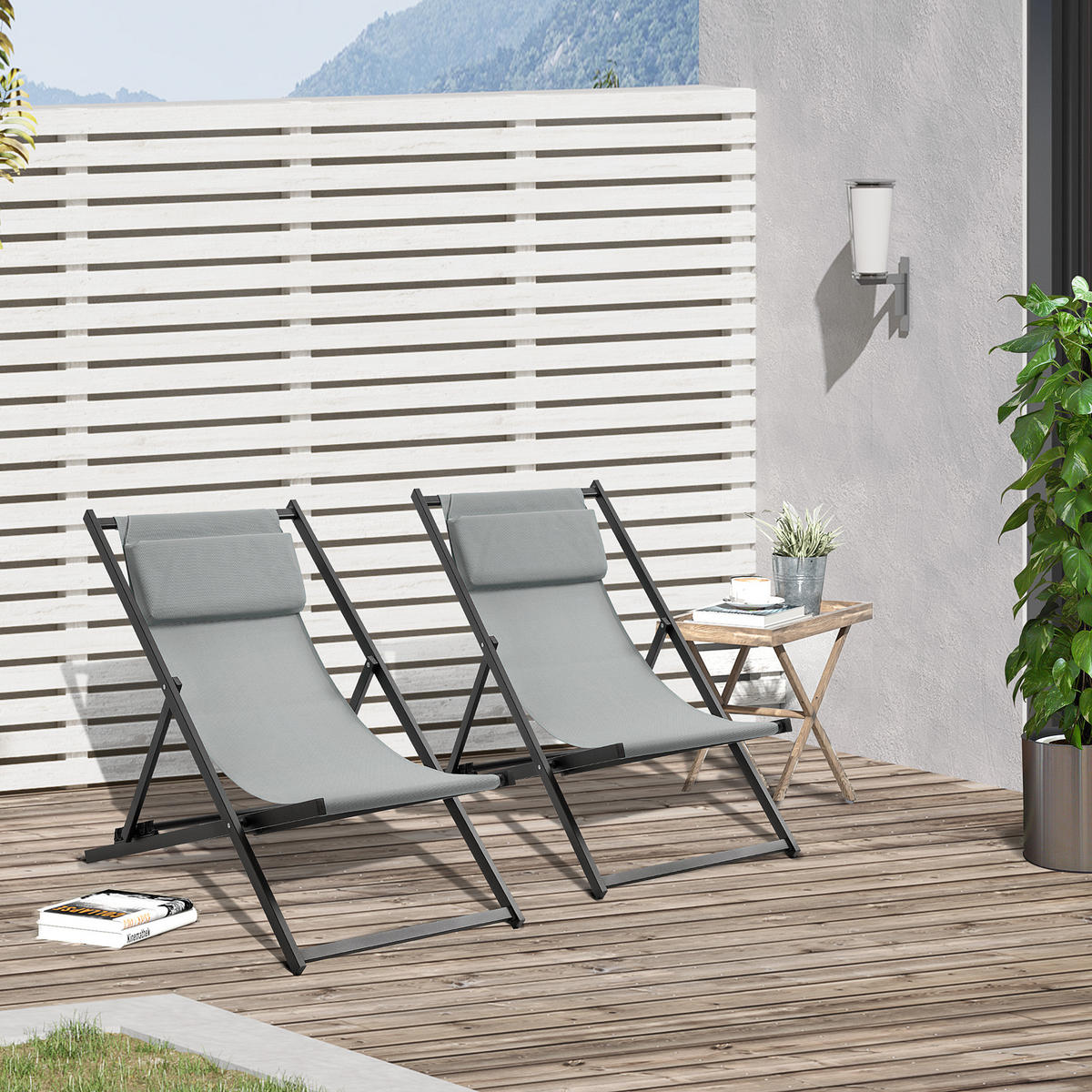 SONNENLIEGE Set aus 2 klappbaren Dunkelgrau 96,5 x 58 x 91,5 cm - Grau, Metall (60/85/100cm) - Vallsero