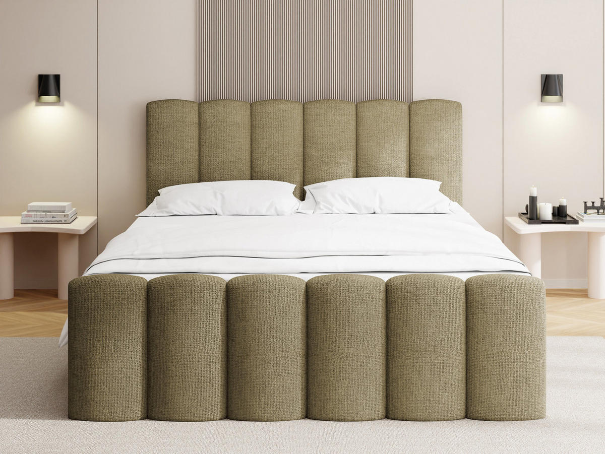 BOXBETT Serenity mit Bettkasten, Hell-Olivgrün Chenille 160x200 cm – inkl. H4 Taschenfederkern Matratze & Foam Topper - Schwarz/Olivgrün, Holz/Holzwerkstoff (160/200cm) - WFL GROUP