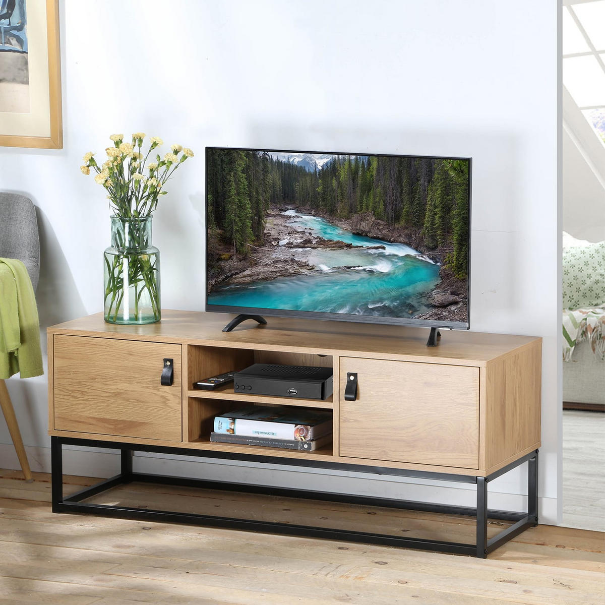 TV-MÖBEL Eiche Dekor 2 Türen und zentrale Ablage - L120 cm - Nussbaumfarben, Holzwerkstoff (39/48/120cm) - Calicosy