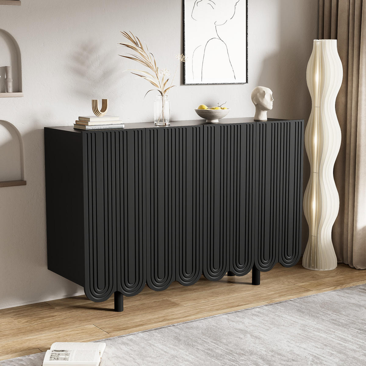 SIDEBOARD mit Metallfüßen und Rillen-Design - Schwarz, Holzwerkstoff/Metall (120/80/37.5cm) - Urban Meuble