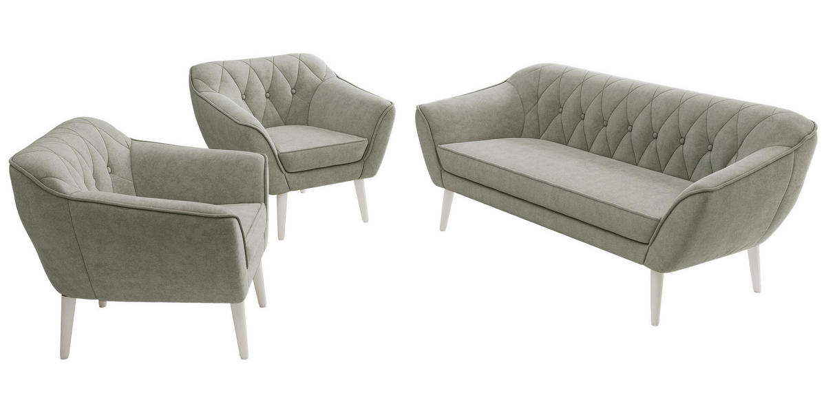 SEDACIA ZOSTAVA 3+1+1 PIRS - Svetlosivá Štruktúrovaná látka - Biele nohy - biela/svetlosivá, kompozitné drevo/textil (180/75/74cm) - MKS