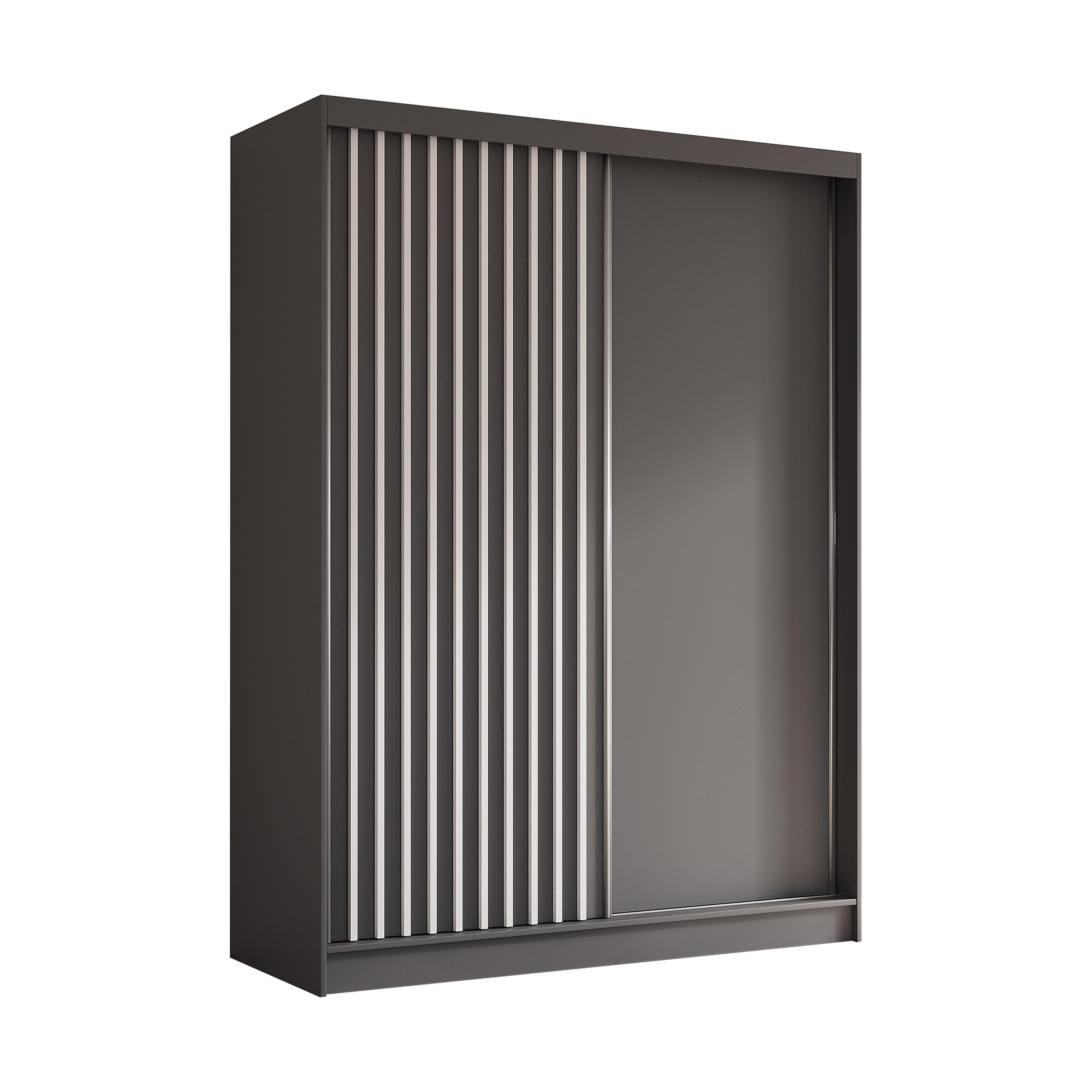 ALTDECOR ŠATNÍ SKŘÍŇ s dýhovanými posuvnými dveřmi a hliníkovými lamelami, LED osvětlení – LABELO – 160 cm šedá+šedá+bílá