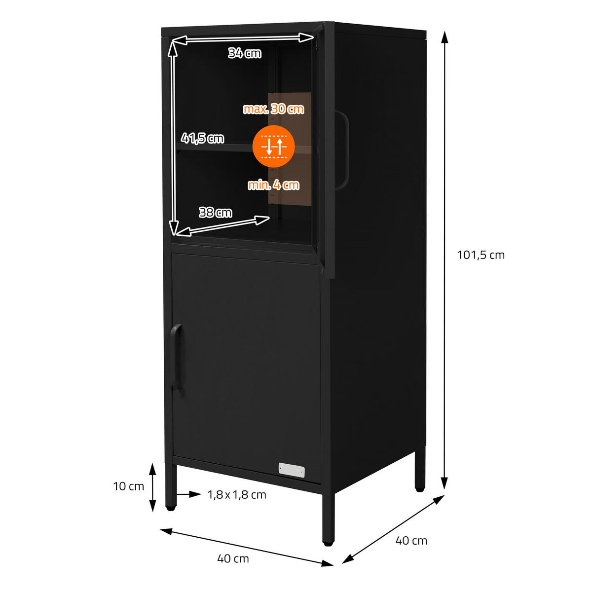 AKTENSCHRANK 40x101,5x40 cm Schwarz aus Stahl mit 2 Türen - Schwarz, Metall (40/101.5/40cm) - ML-DESIGN