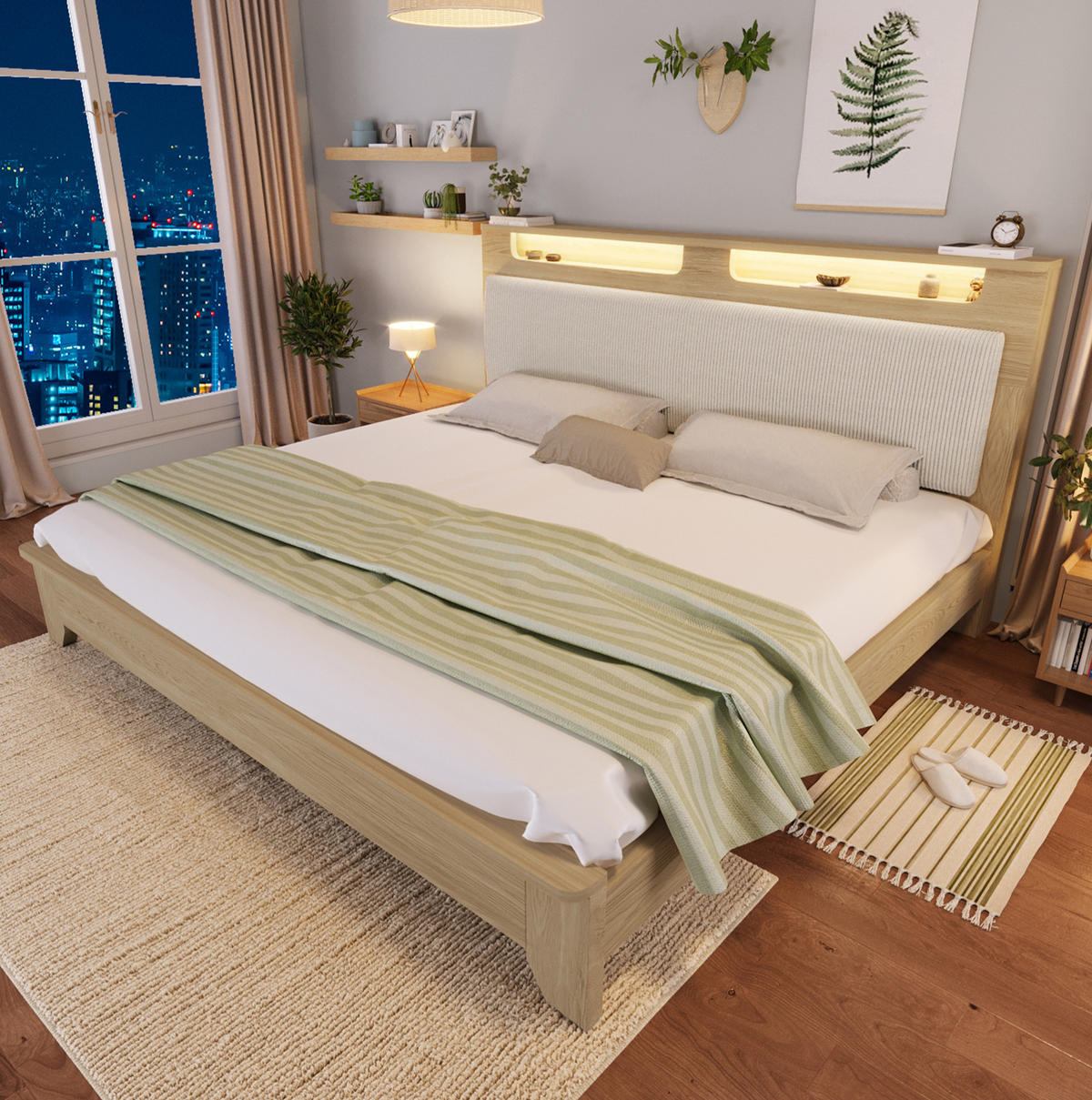 DOPPELBETT 140/200 cm Beige mit Stauraum und LED-Beleuchtung mit Matratze - Beige, Textil (140/200cm) - OKWISH