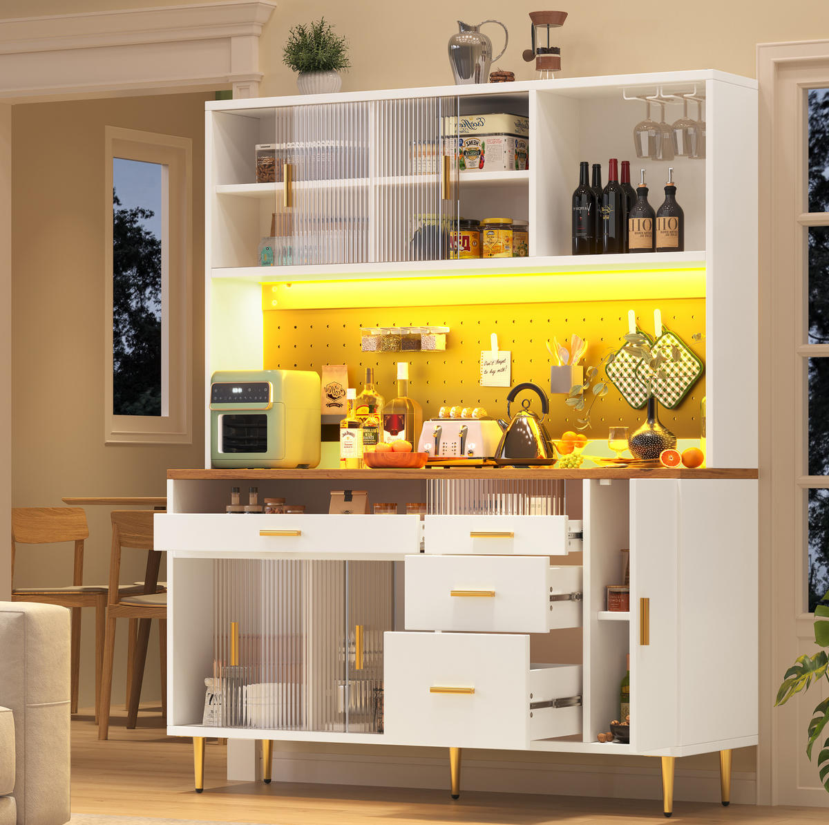 BUFFET 145/39/171 cm aus MDF und Glas mit App-steuerbarer LED-Beleuchtung Weiß - Weiß, Holzwerkstoff (145/171/24cm) - Modenvie