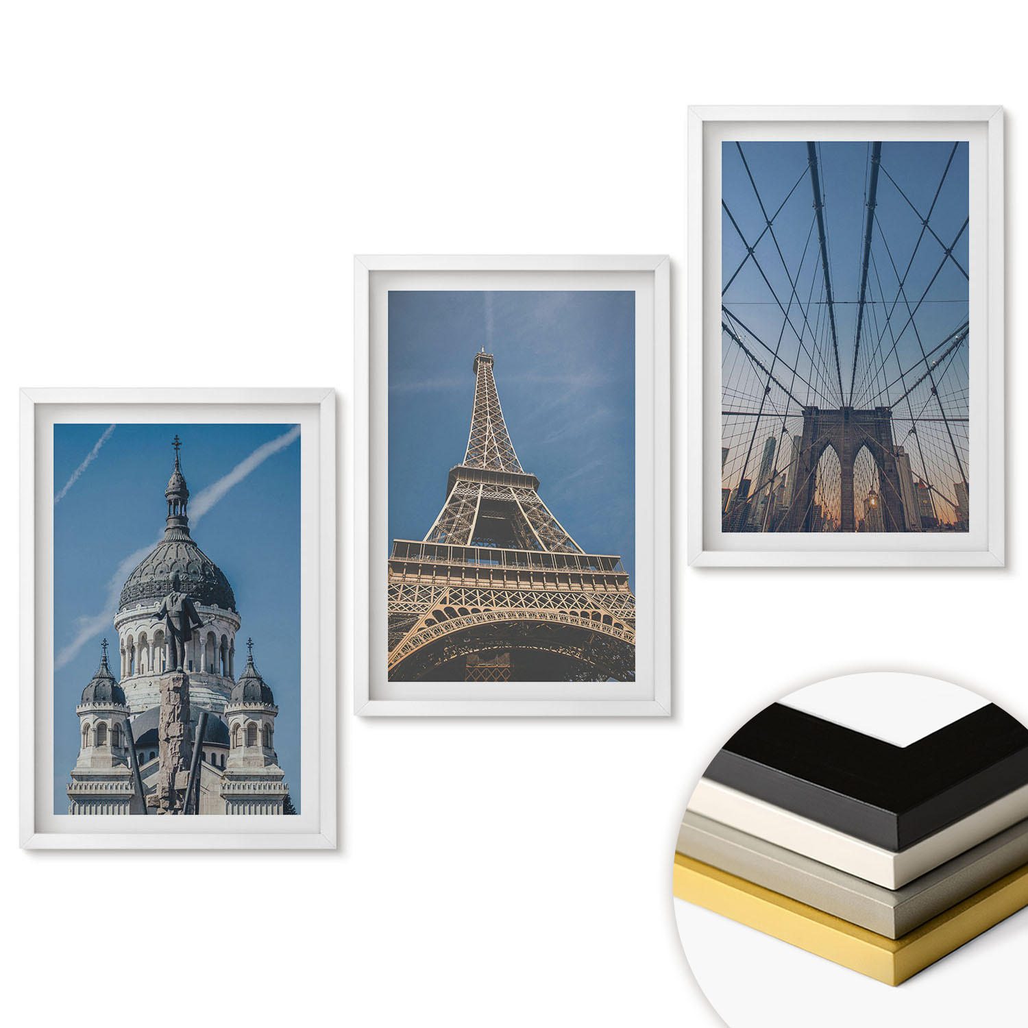 WANDBILDER 3er-Set - 40x60 cm Weißer Rahmen - Ansichten von Gebäuden aus Städten auf der ganzen Welt - Weiß, Kunststoff (40/60cm) - ArtPrintCave