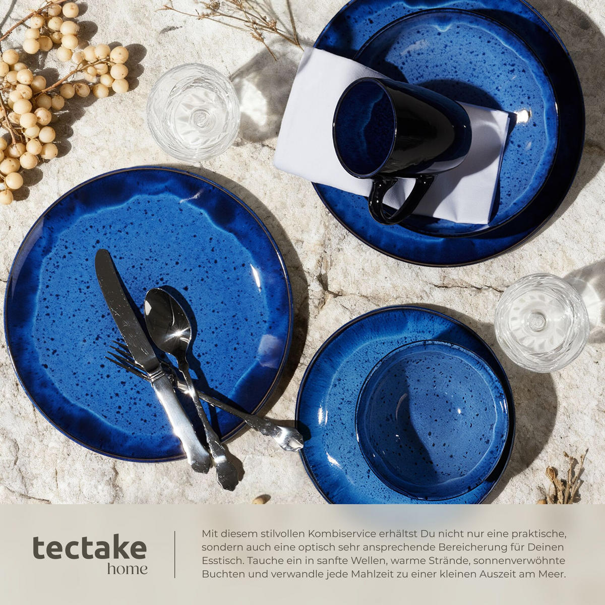 KOMBISERVICE Mare, ineinander stapelbar, blau - Blau, Keramik (26.5/2.5/26.5cm) - tectake