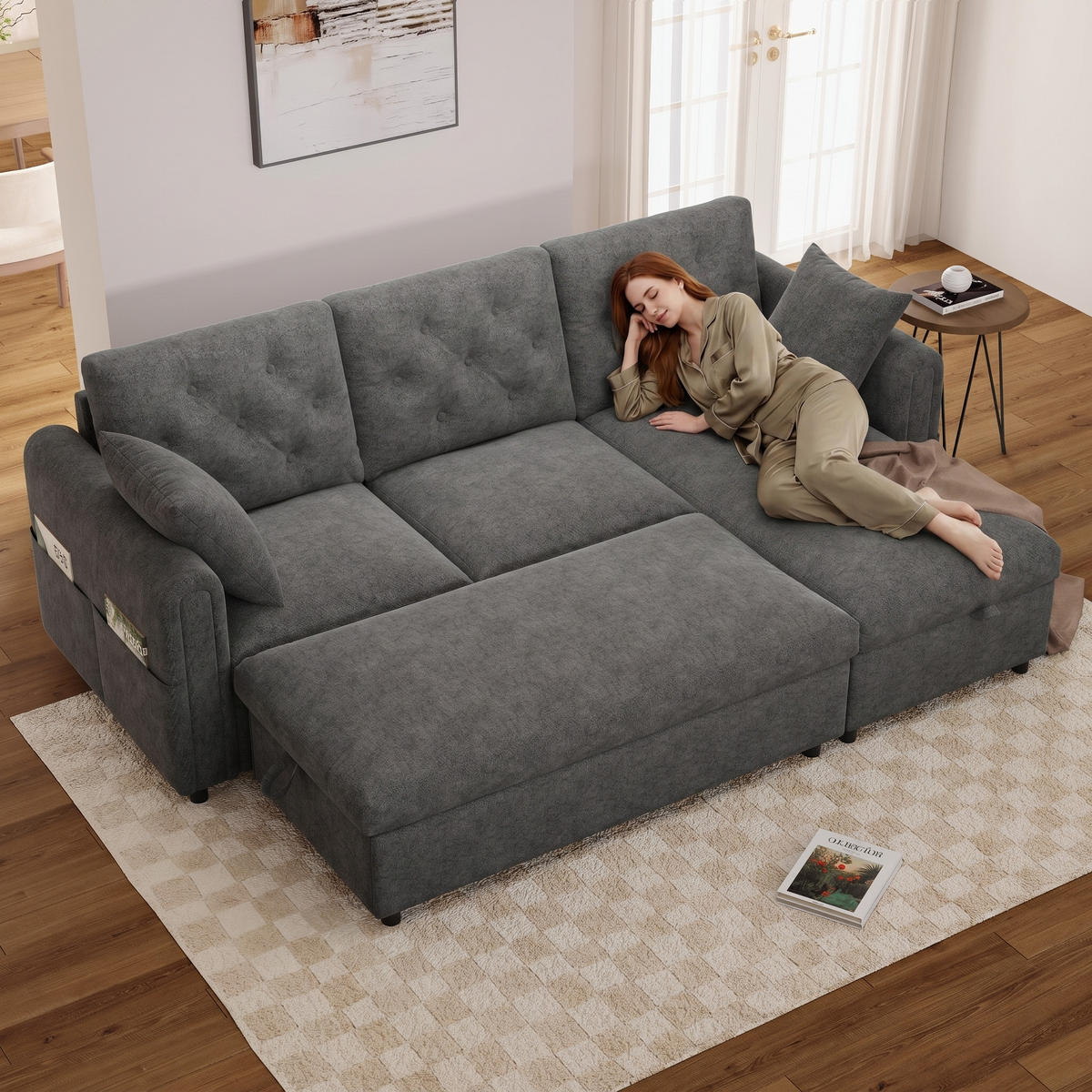 SOFA Baršun L Oblik s Tabureom 219x131x86 cm Siva - siva, tekstil (219/86/131cm) - FLIEKS