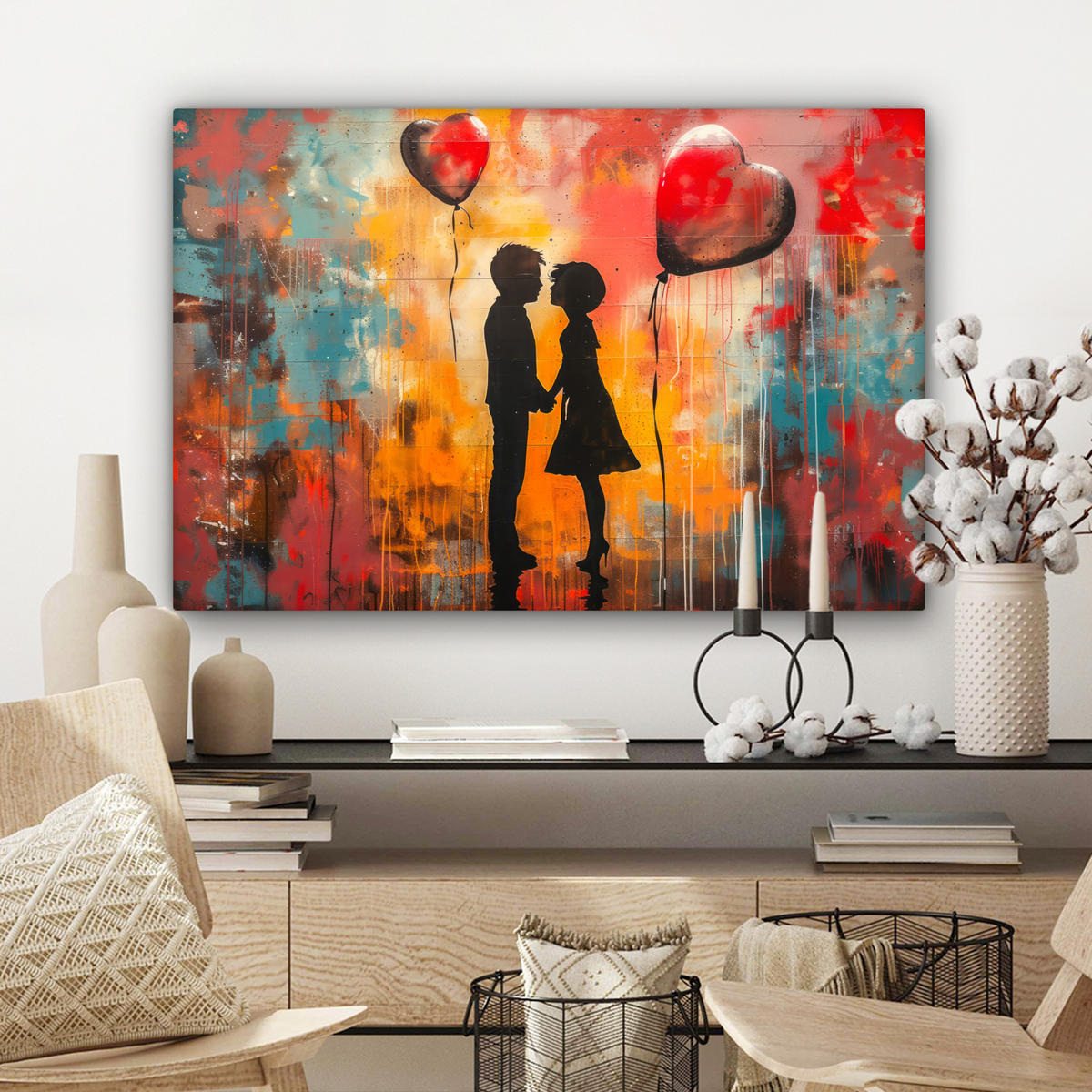 LEINWANDBILD Straßenkunst - Liebe - Graffiti - Kunst - Banksy Gemälde 60x40 cm - Orange, Textil (60/40cm) - MuchoWow