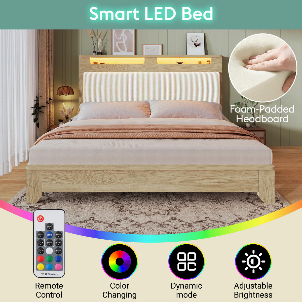 BETT mit Bettbank und LED 140x200 cm Eichefarben/Beige inkl. Matratze - Beige, Holz (140/200cm) - Meubliv